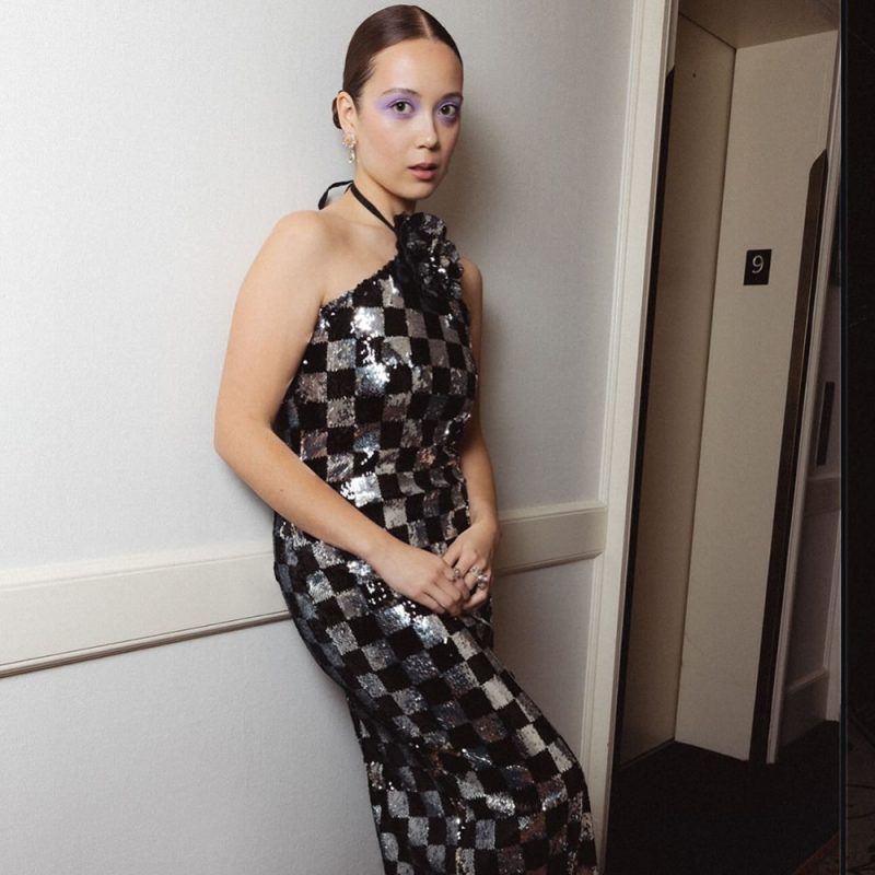 Spring Maxi Halter Dress with Plaid Sequin Stitching - Image 2