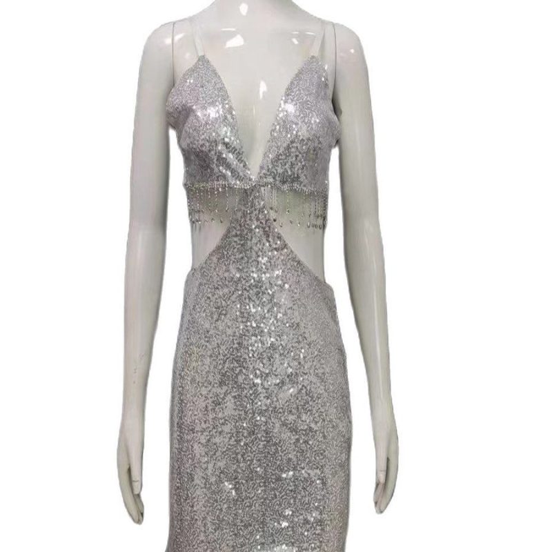 Sequined Hollow Out Suspenders Summer Rhinestone Dress - Image 4