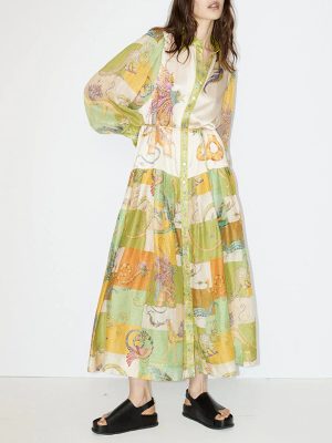 A-Line Printed Puff Sleeve Lace-Up Waist Dress