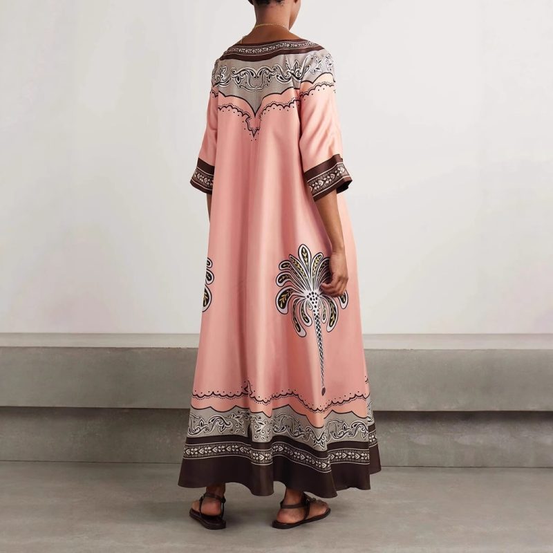 Summer V Neck Printed Loose Satin Holiday Dress - Image 2