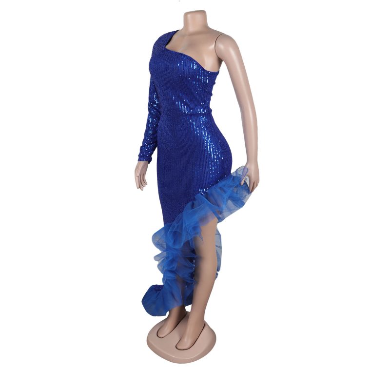 Sequin One Shoulder Mesh Asymmetric Evening Dress - Image 3