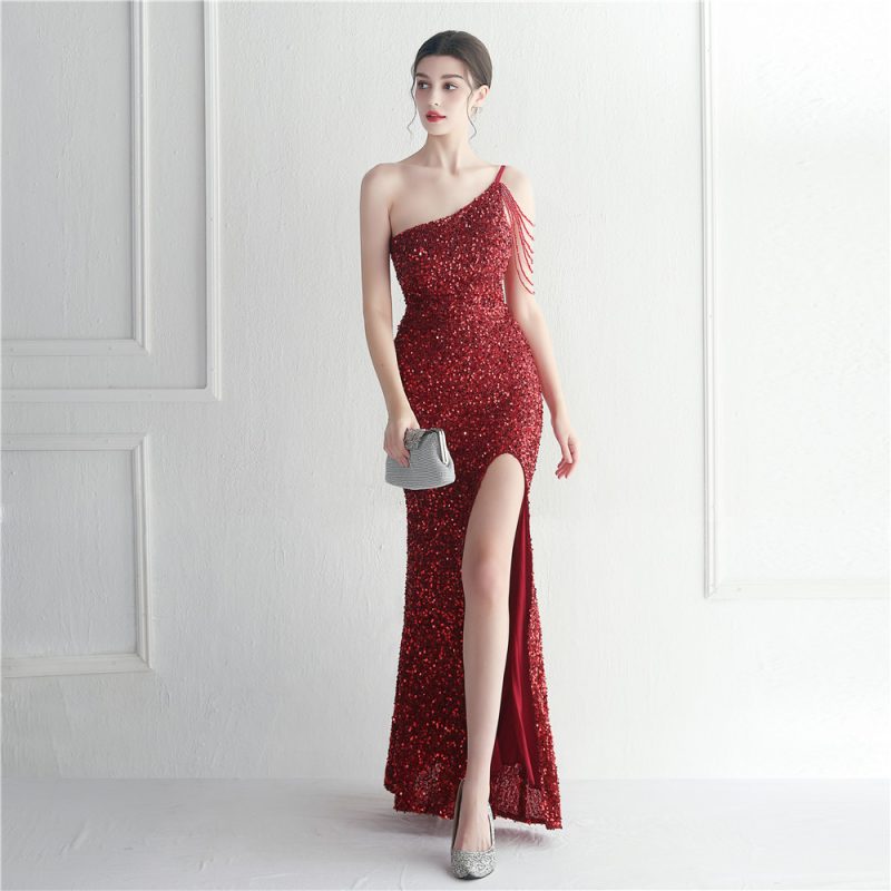 Women’s Beaded One-Shoulder Split Evening Dress - Image 2