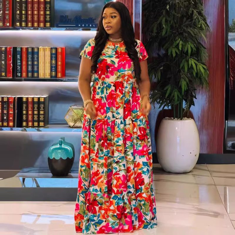 Women’s Printed Short Sleeve Waist Slim Dress