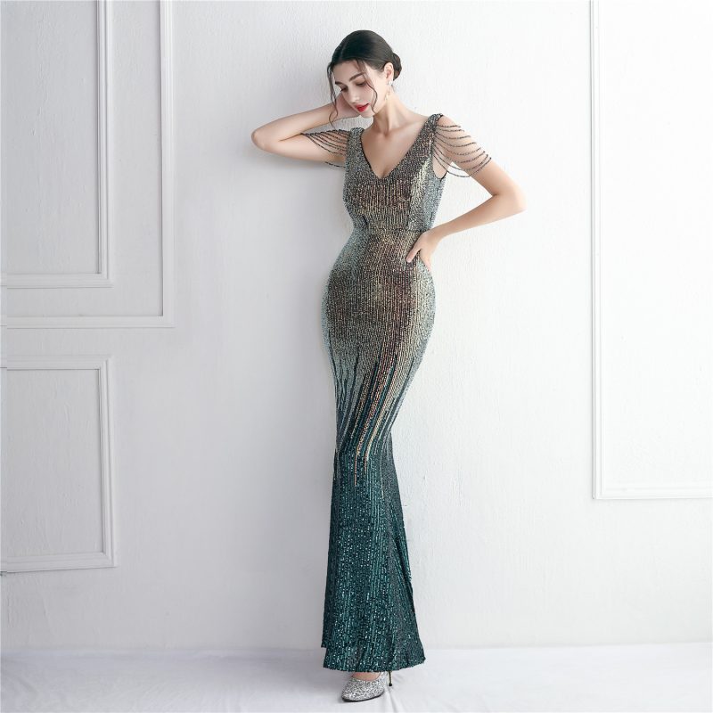 Elegant Mixed Color Sequin Beaded Long Evening Dress