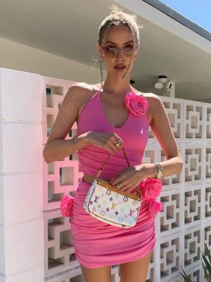 Fall Pink 3D Floral Halterneck Cutout Dress