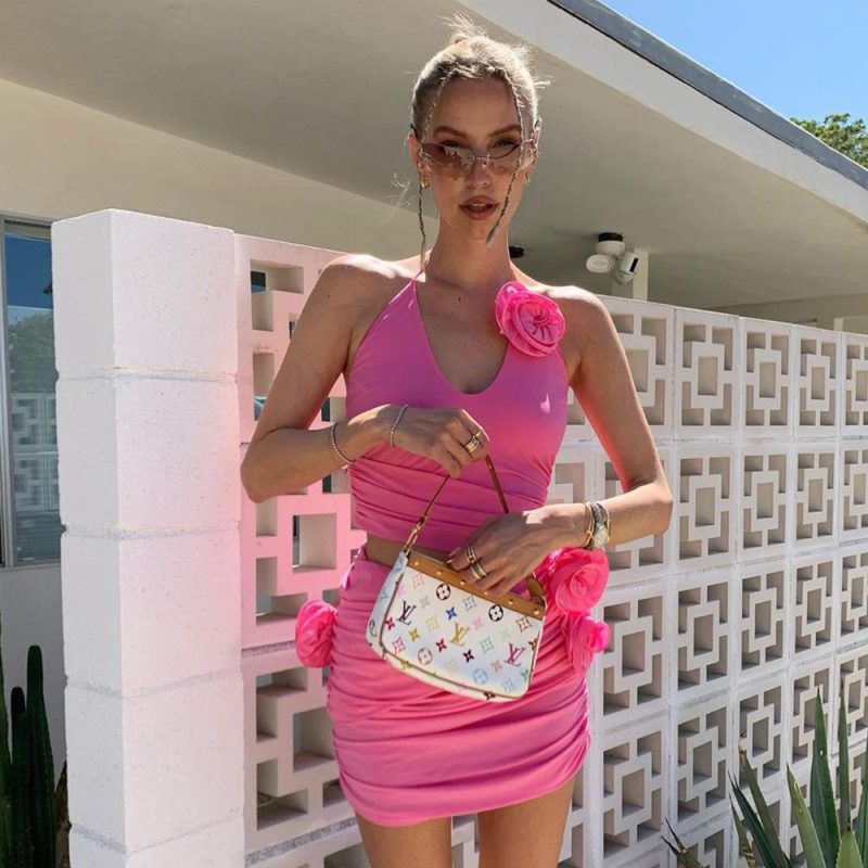 Fall Pink 3D Floral Halterneck Cutout Dress
