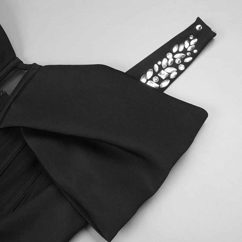 Winter Black Rhinestone Strappy Bow Maxi Dress - Image 4