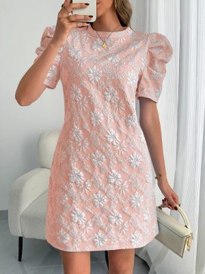 Women’s Summer Retro Bubble Sleeve Jacquard Dress