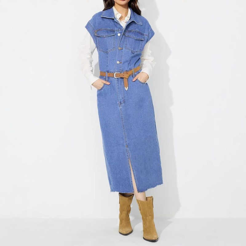 Polo Collar Single Breasted Denim Shirt Dress