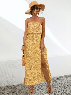 Spring Summer Floral Tube Top Split Maxi Dress