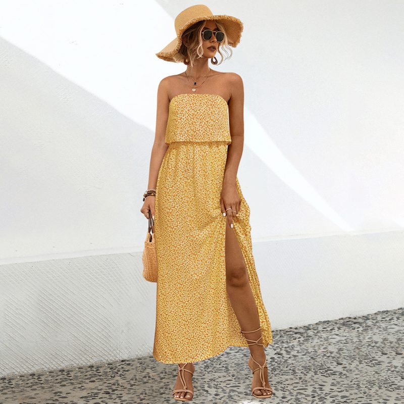 Spring Summer Floral Tube Top Split Maxi Dress