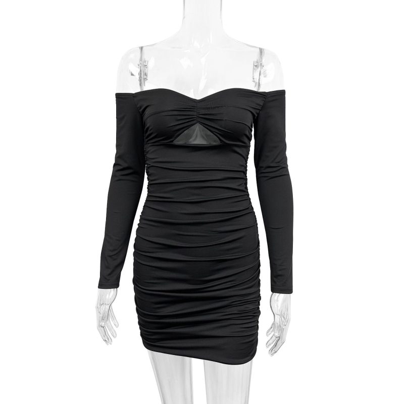 Winter Off-Shoulder Hollow Out Solid Sheath Dress - Image 4