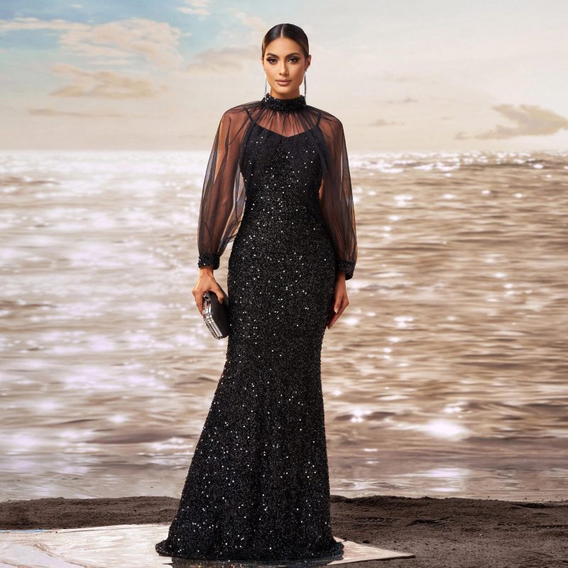 High-End Sequined Fishtail Long Sleeve Evening Dress