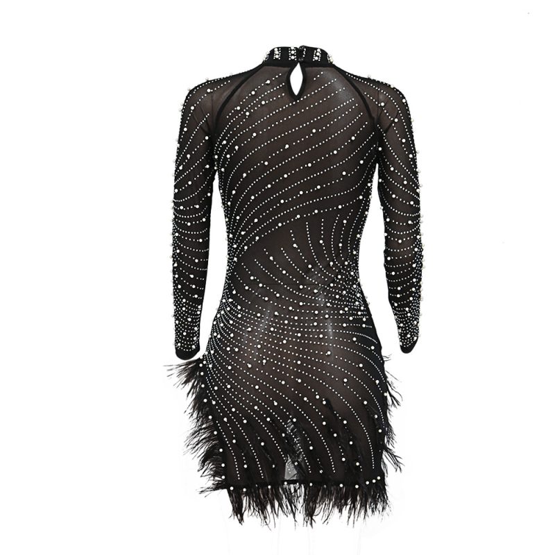 Women Mesh Rhinestone Foam Feather Party Dress - Image 4