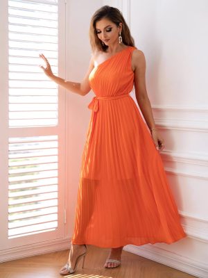 Elegant One Shoulder Chiffon Pleated Waist Dress