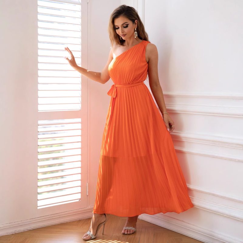 Elegant One Shoulder Chiffon Pleated Waist Dress