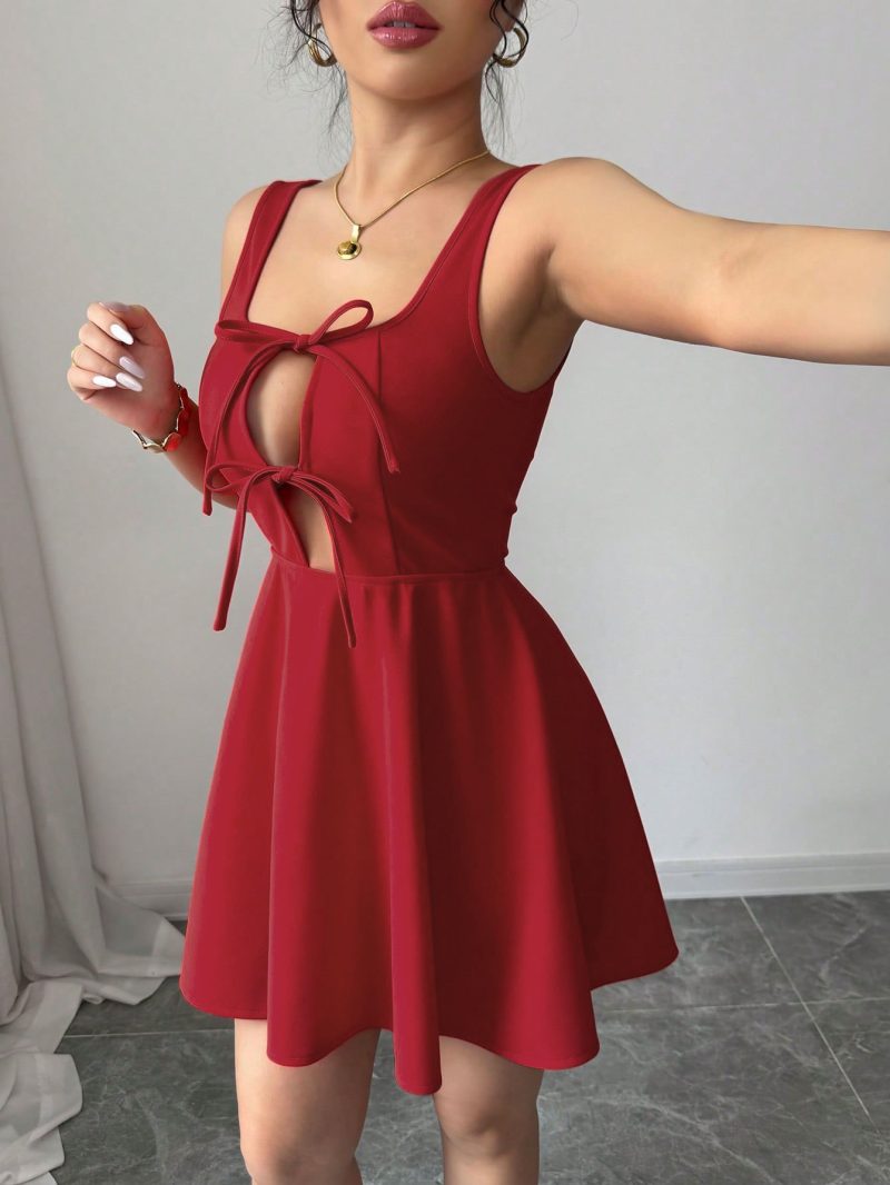 Summer Square Collar Red A-Line Slip Dress - Image 2