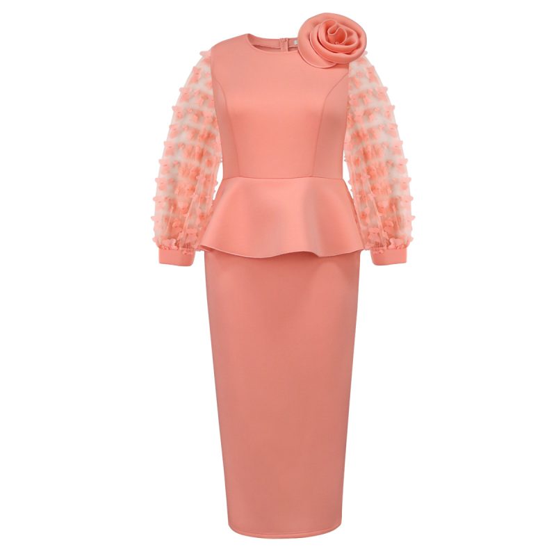 Pink High Waist Cocktail Dress with Sheer Sleeves - Image 3