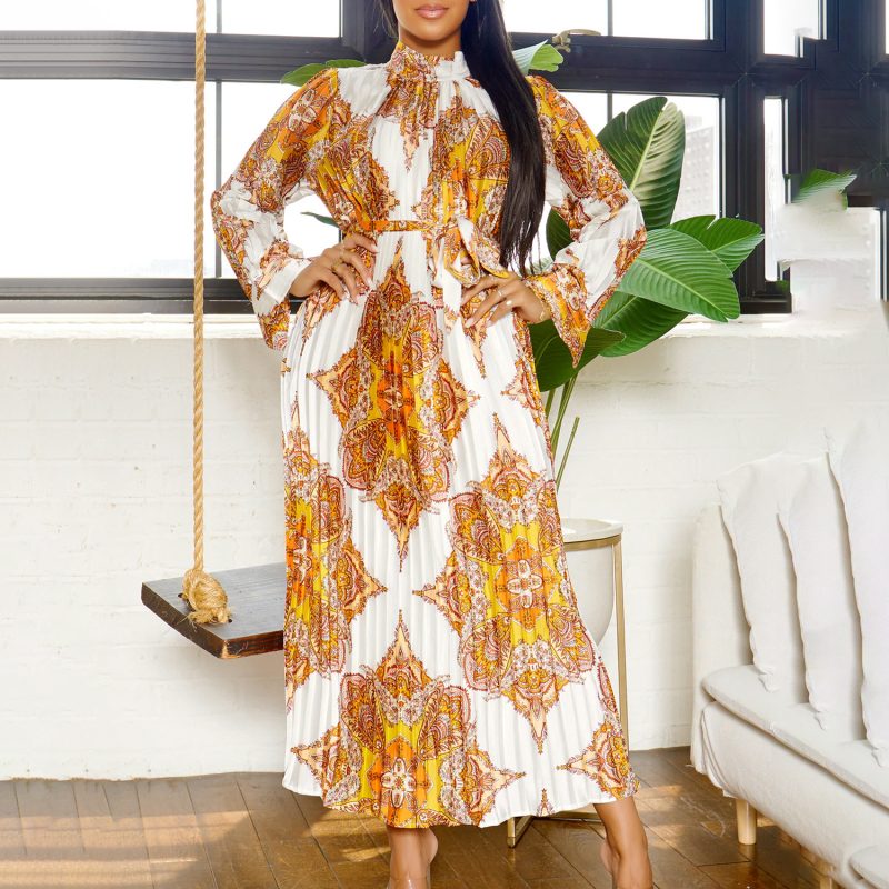 Autumn Printed Long Sleeve Pleated Dress Women