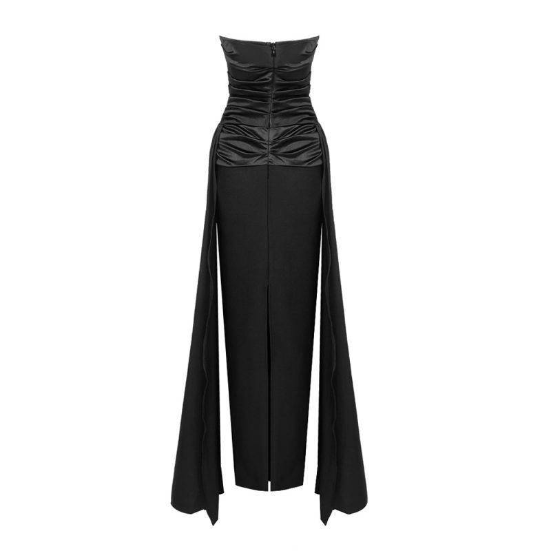 Chic Black Strapless Pleated Ribbon Summer Dress - Image 2