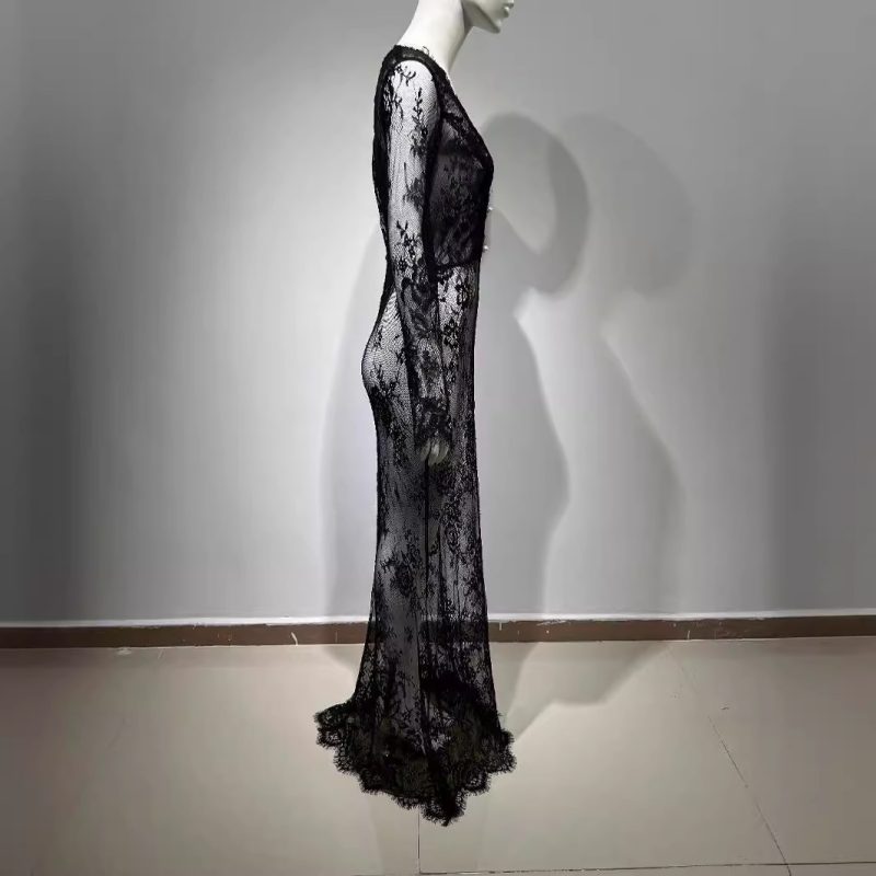 Women’s Black V-Neck Lace Slim Evening Dress - Image 2