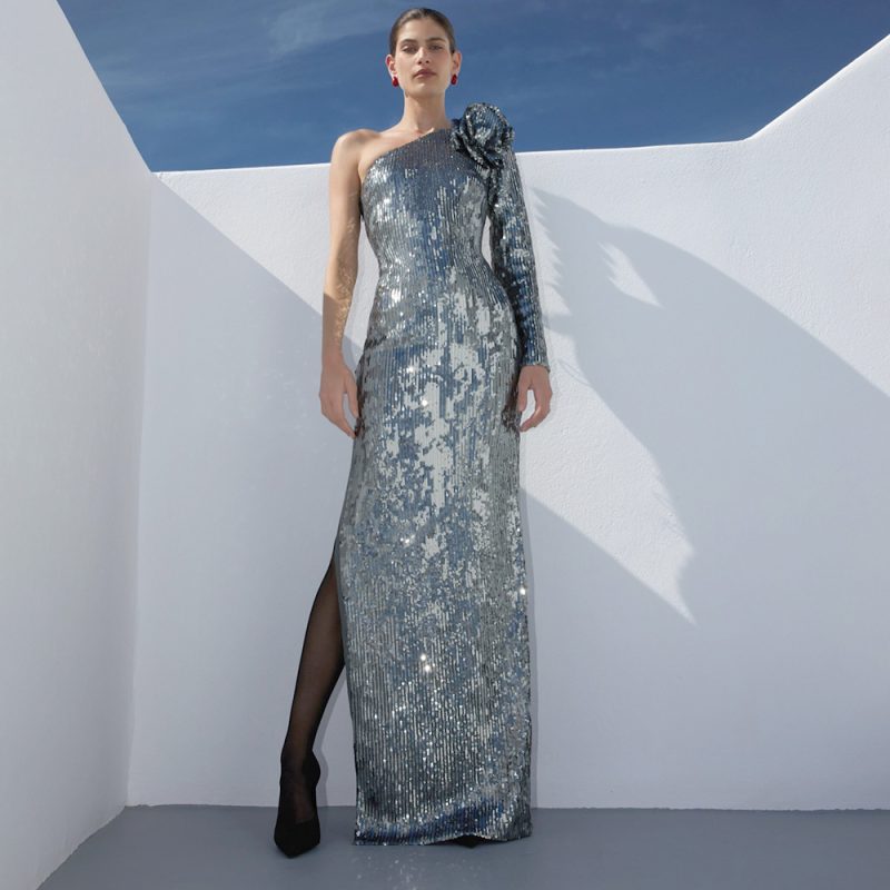Elegant Silver Sequin Cocktail Dress for Christmas Party