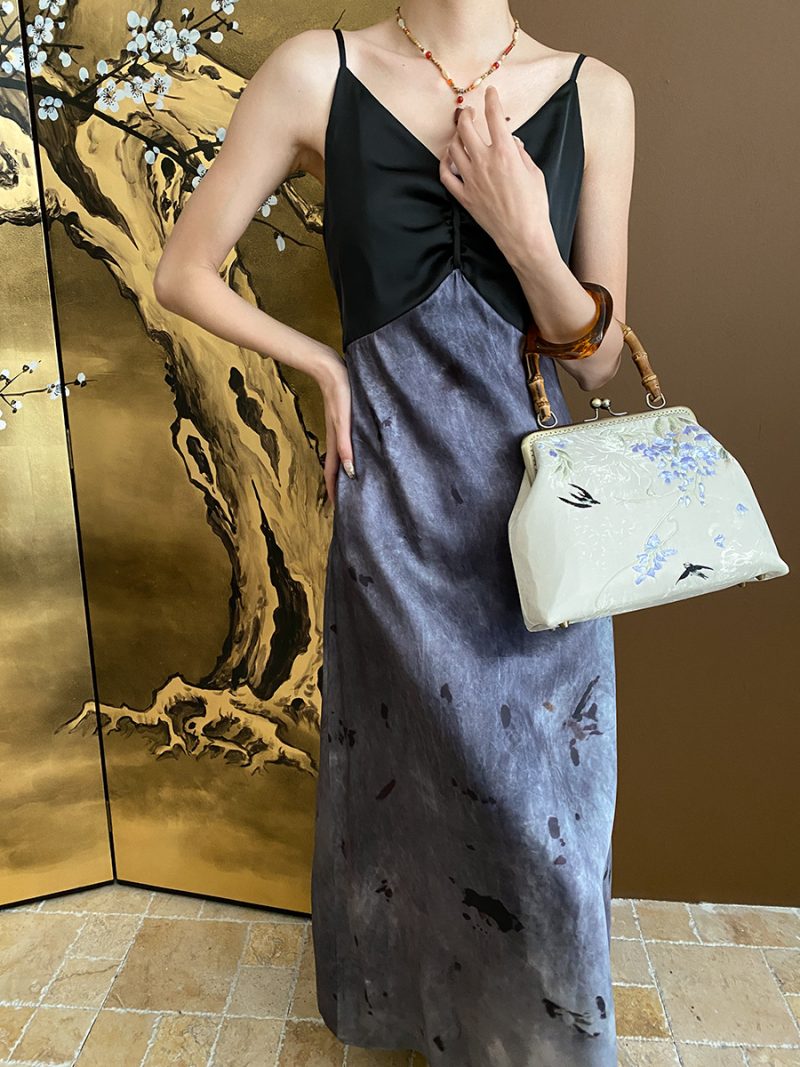 Chinese Ink Print Ruffle V-Neck Sling Dress - Image 2