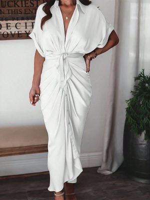 Spring Summer V Neck Double Breasted Dress