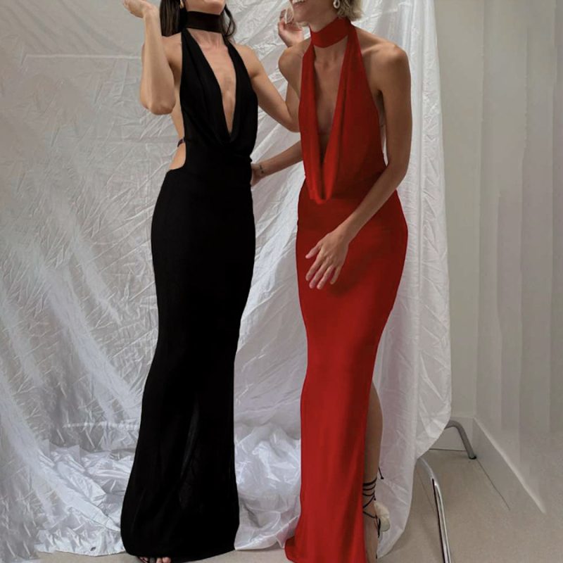 Autumn Winter Elegant Halter V Neck Backless Dress