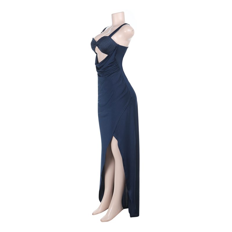 Cutout Split Rhinestone Strap Satin Formal Dress - Image 2