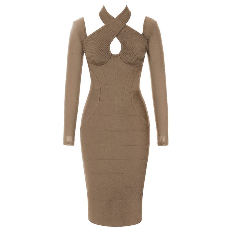 Retro Long Sleeve Backless Halter Slit Dress - Image 3