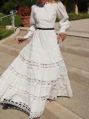 Spring Embroidered Flounced Stand Collar Tie Neck Dress