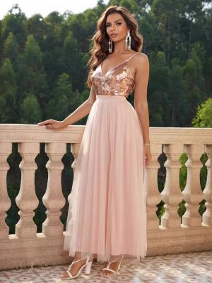Elegant Sling Mesh Split Evening Party Dress