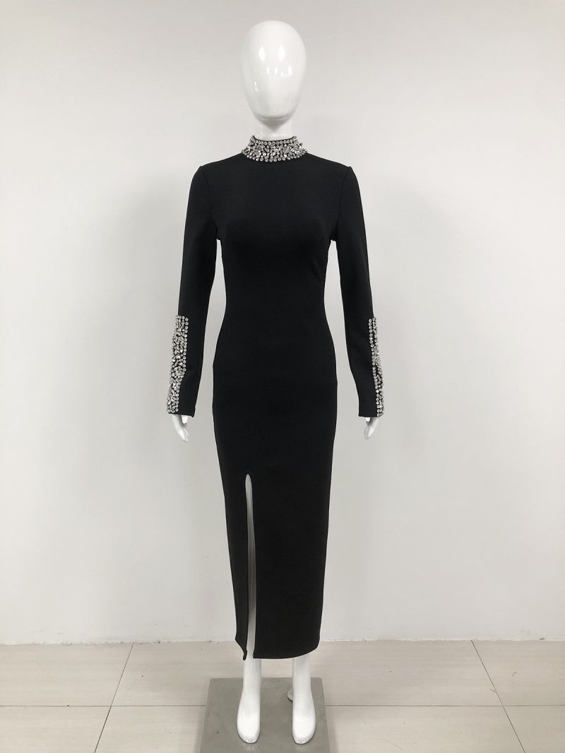 Black Rhinestone Split Long Sleeve Bandage Dress - Image 3