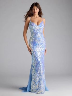 Women’s Blue V-Neck Sequined Evening Party Dress