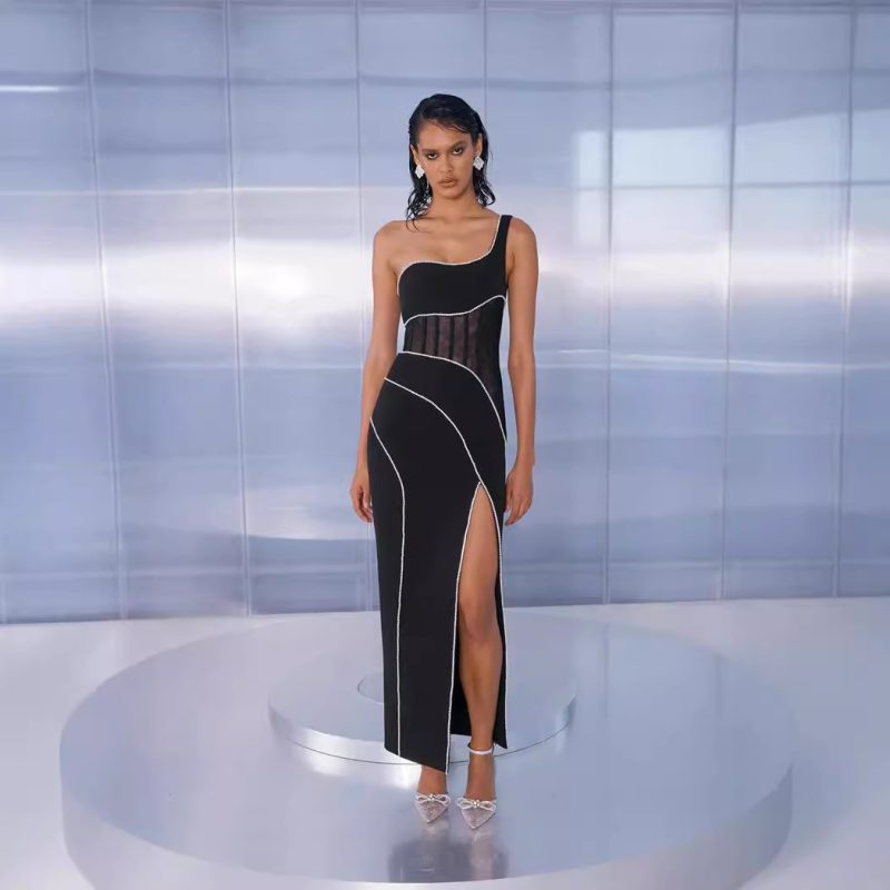 Black One-Shoulder Corset Bandage Dress with Split