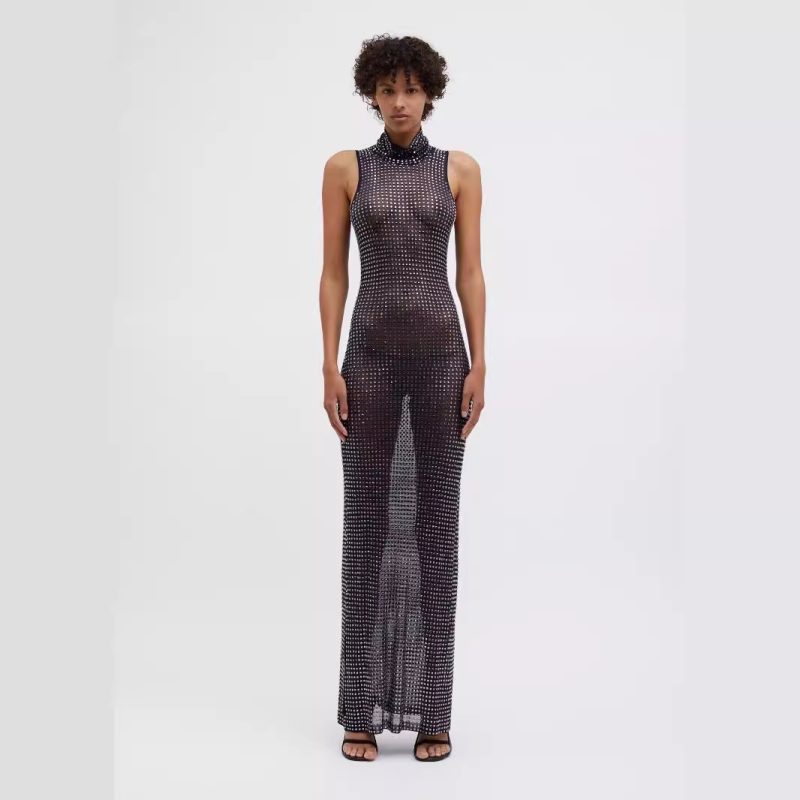 Sheer Mesh Rhinestone Cutout Sleeveless Maxi Dress - Image 2