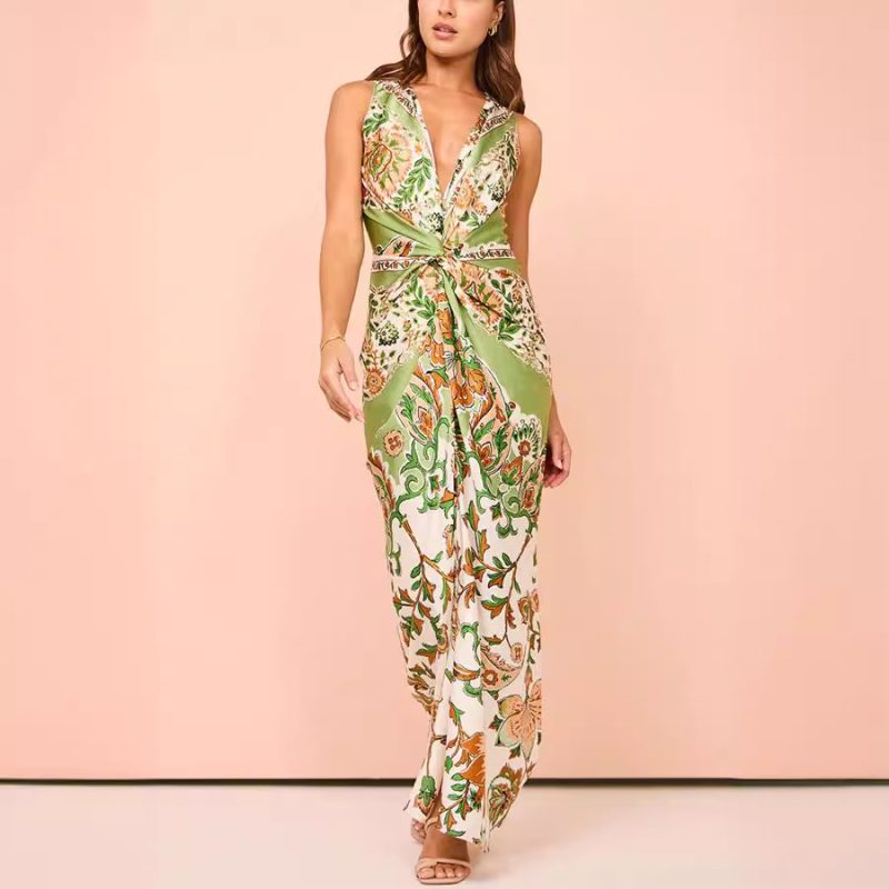 V Neck Printed Satin Sleeveless Split Dress