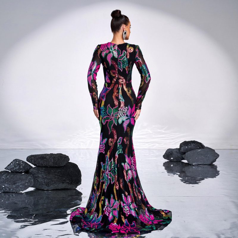 Long Sleeve Hollow Out Sequined Fishtail Dress - Image 3