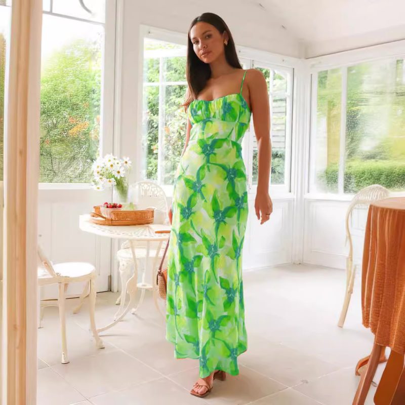 Summer Floral Print Backless Mid-Length Dress Women