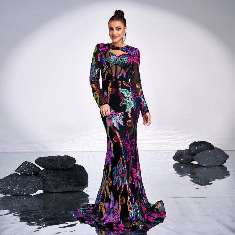 Long Sleeve Hollow Out Sequined Fishtail Dress - Image 4