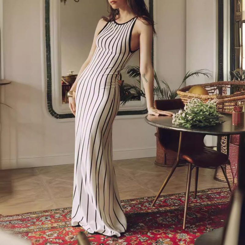 Vintage Contrast Stripe Knitted Sleeveless Long Dress - Image 3