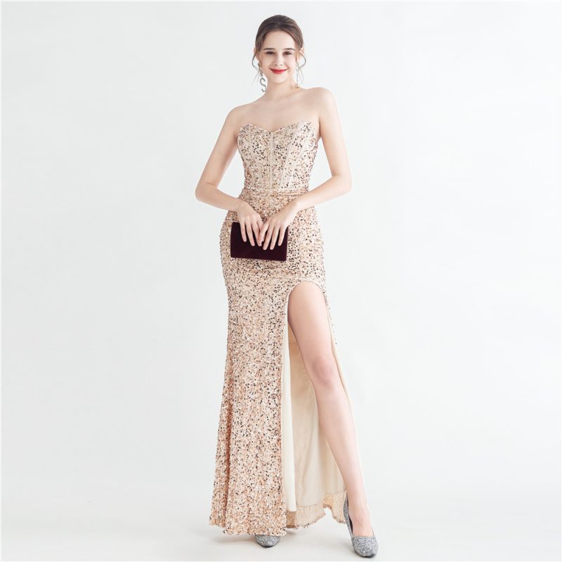 Colorful Sequin Corset Side Slit Evening Dress