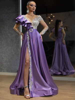Luxury Purple Gold Satin Sequin Evening Gown