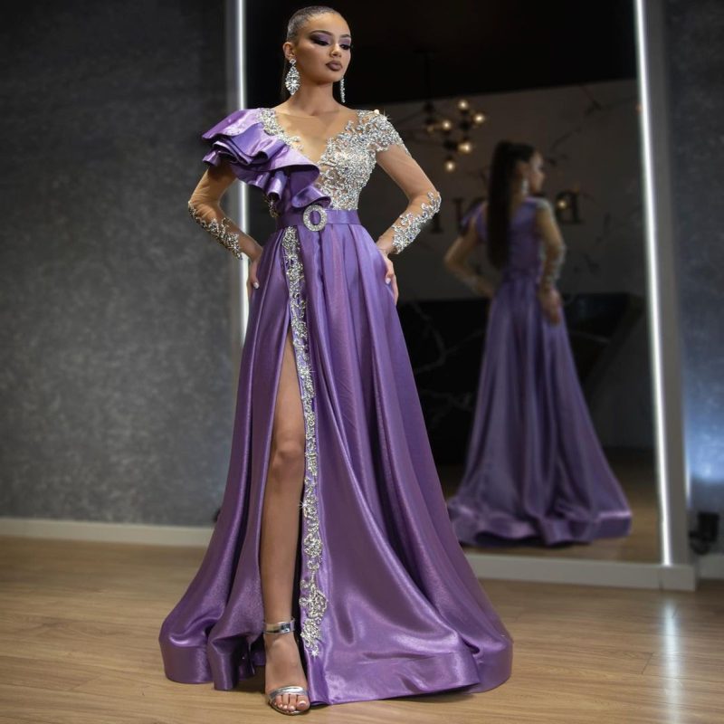 Luxury Purple Gold Satin Sequin Evening Gown