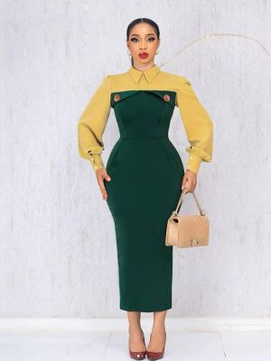 Elegant Contrast Color Sheath Dress with Slit