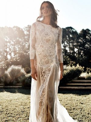 Spring Lace Hollow Out Backless Long Sleeve Dress