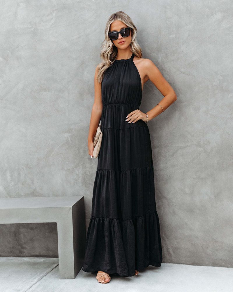 Summer Elegant Halter Solid Color Long Dress Women - Image 3