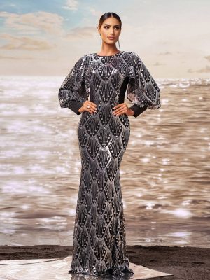Sequined Fishtail Sheath Evening Dress with Long Sleeves