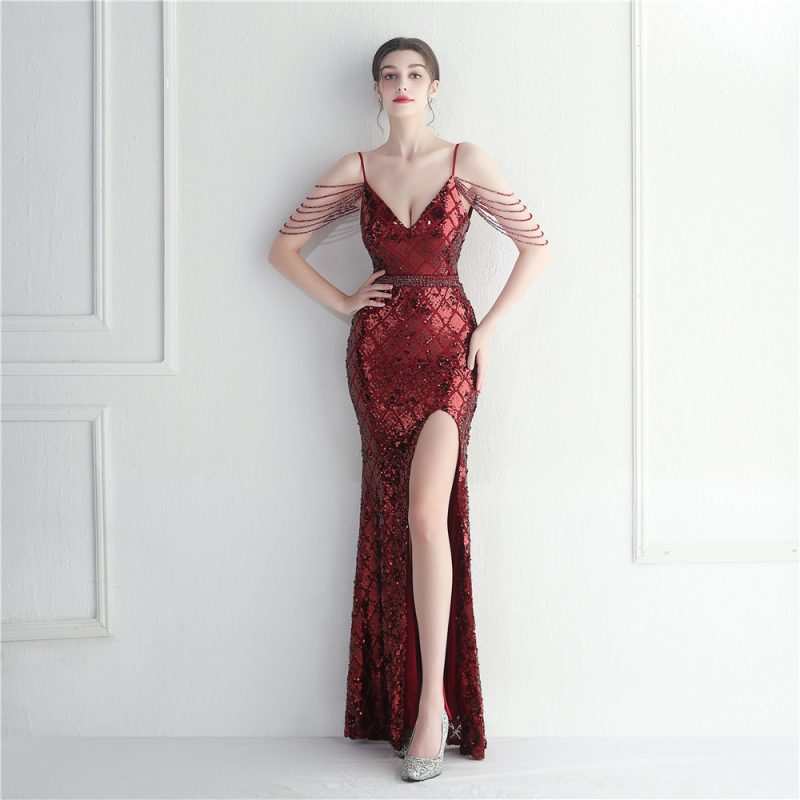 Women’s Beaded Colorful Sequin Long Evening Dress - Image 3